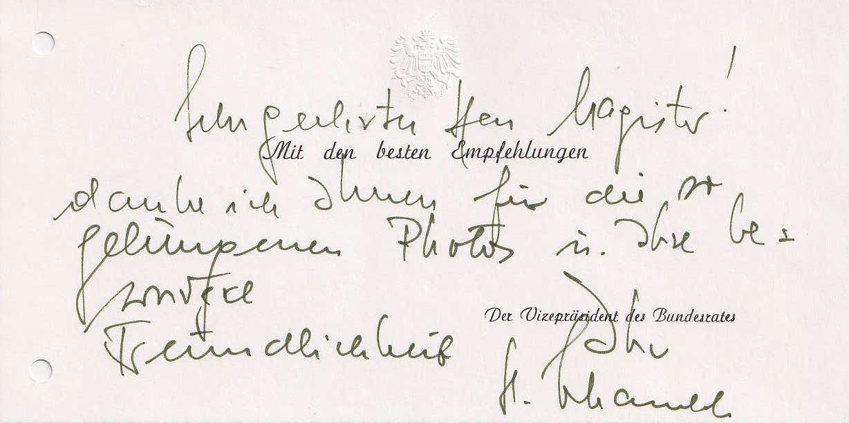 Dankesschreiben des Vizepräsident des Bundesrates der Republik Österreich Herbert Schambeck