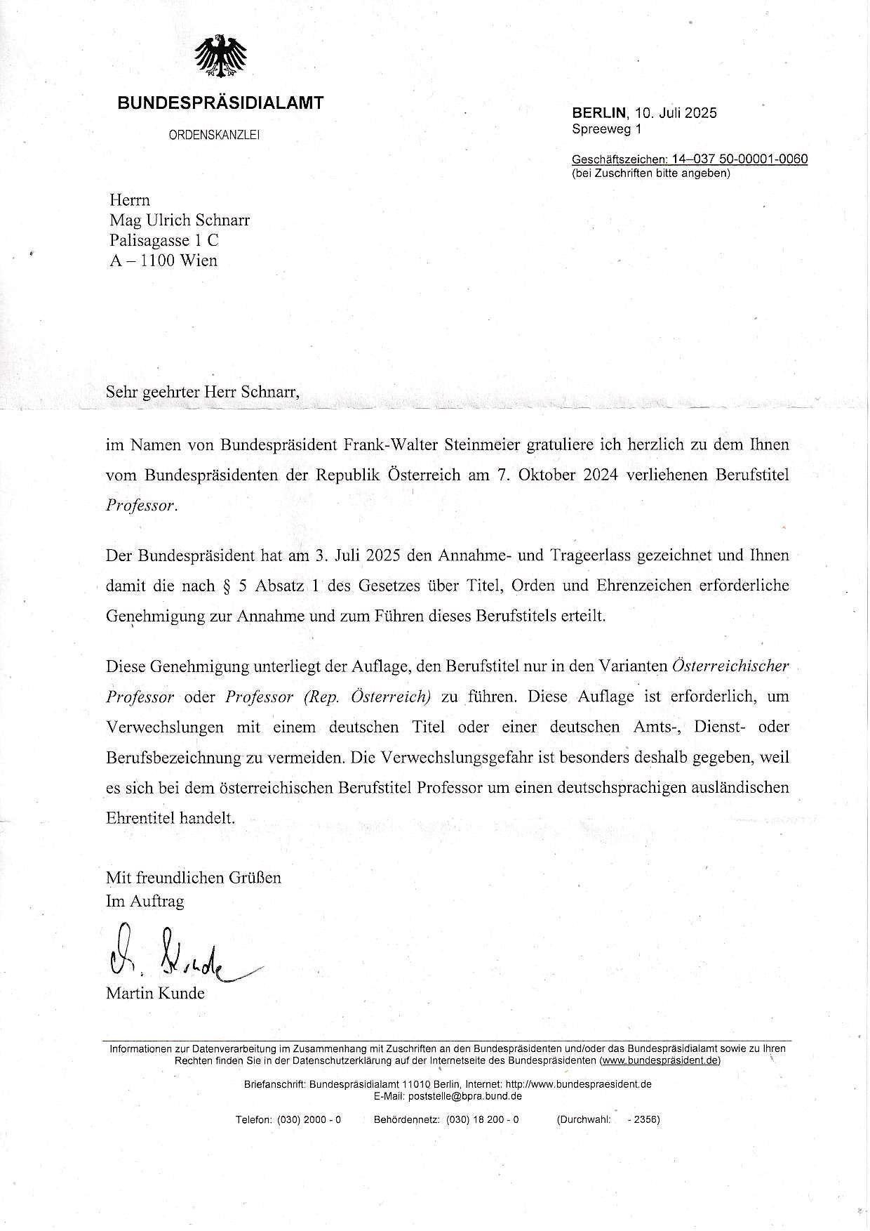 Gratulationsschreiben des Bundespräsidialamtes 