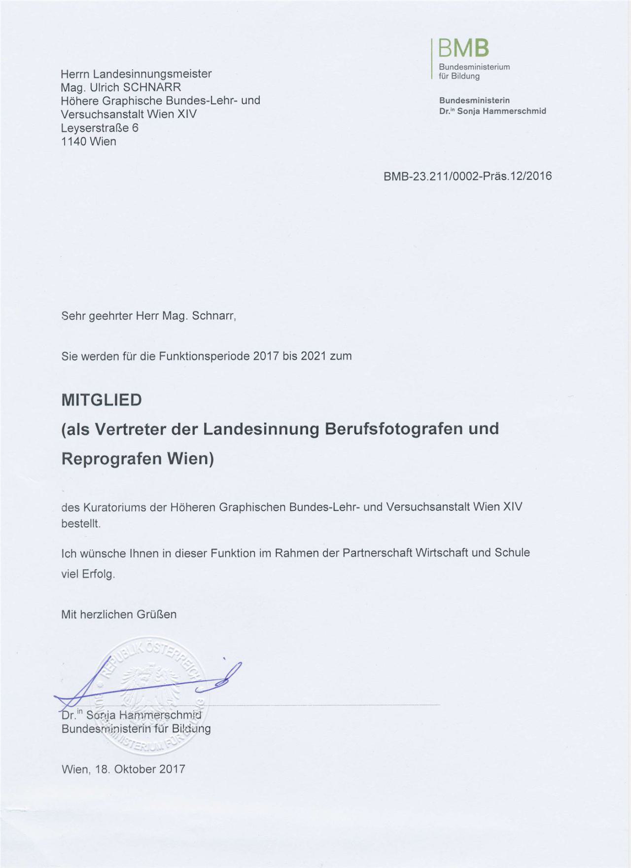 Bestellung zum Mitglied des Kuratoriums der Höheren Graphischen Bundes- Lehr und Versuchsanstalt