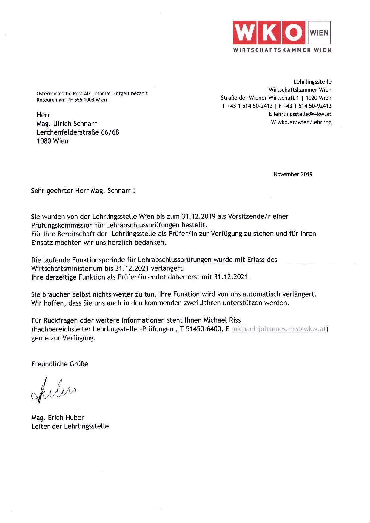 Bestellung zum Prüfer der Lehrabschlussprüfungen für Berufsfotografie