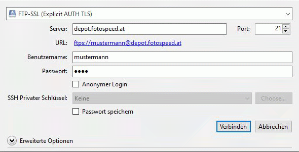 Mit FTP-Program "Cyberduck" zu depot.fotospeed.at verbinden