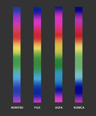 Testausdrucke von Laserbelichtern im Vergleich Farbkeil, Farbe, Ausbelichter, Qualität, Laser, Laserbelichtung, RGB, Farbverlauf